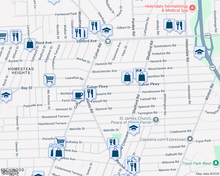 map of restaurants, bars, coffee shops, grocery stores, and more near 133 Culver Parkway in Rochester