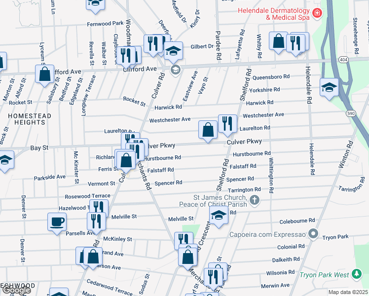 map of restaurants, bars, coffee shops, grocery stores, and more near 133 Culver Parkway in Rochester