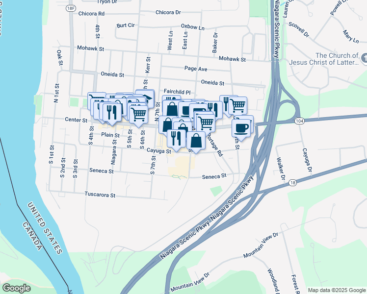 map of restaurants, bars, coffee shops, grocery stores, and more near 735 Center Street in Lewiston