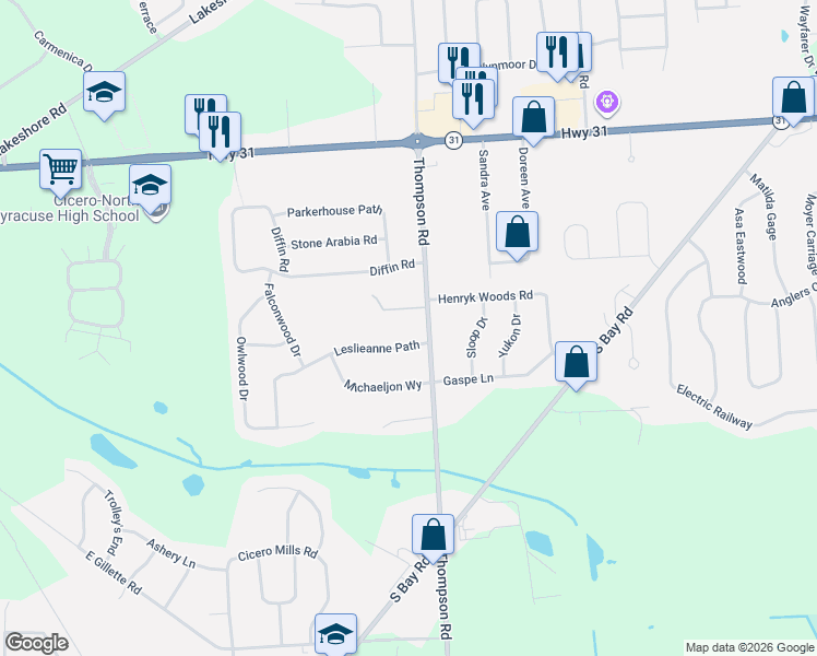 map of restaurants, bars, coffee shops, grocery stores, and more near 6215 Leslieanne Path in Cicero