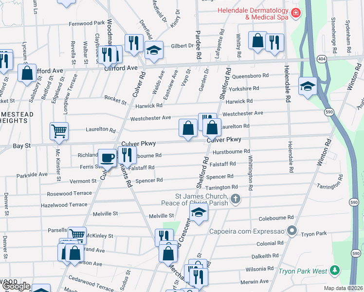 map of restaurants, bars, coffee shops, grocery stores, and more near 193 Culver Parkway in Rochester