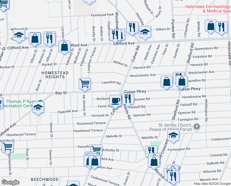 map of restaurants, bars, coffee shops, grocery stores, and more near in Rochester