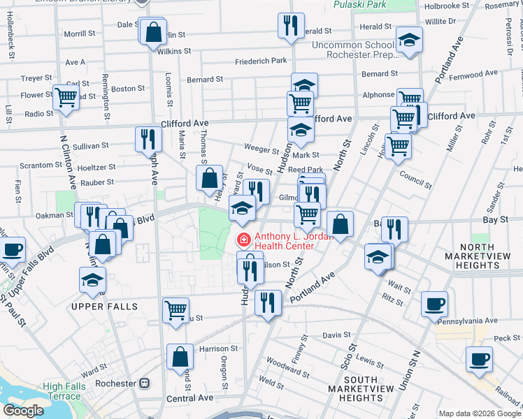 map of restaurants, bars, coffee shops, grocery stores, and more near in Rochester