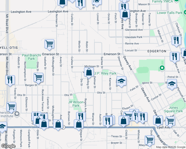 map of restaurants, bars, coffee shops, grocery stores, and more near 49 Villa Street in Rochester