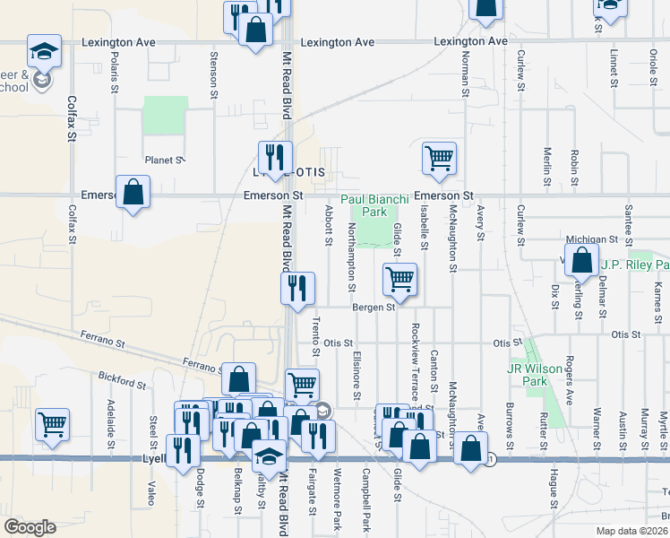 map of restaurants, bars, coffee shops, grocery stores, and more near 73 Northampton Street in Rochester