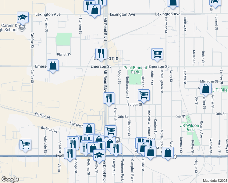 map of restaurants, bars, coffee shops, grocery stores, and more near 75 Abbott Street in Rochester
