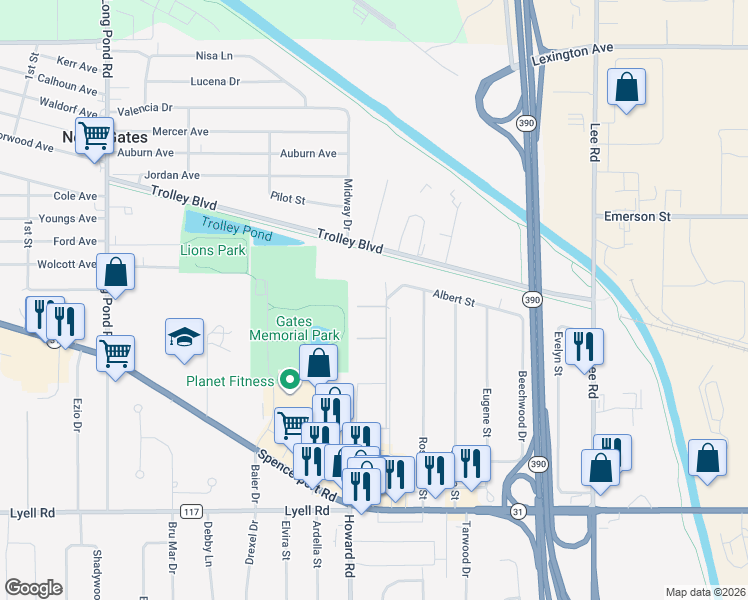 map of restaurants, bars, coffee shops, grocery stores, and more near 182 Albert Street in Rochester