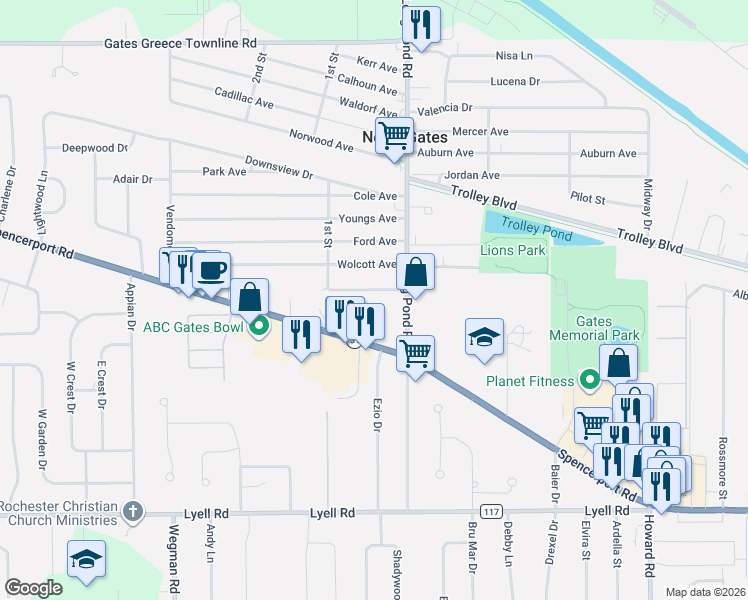 map of restaurants, bars, coffee shops, grocery stores, and more near 19 Morningstar Drive in Rochester