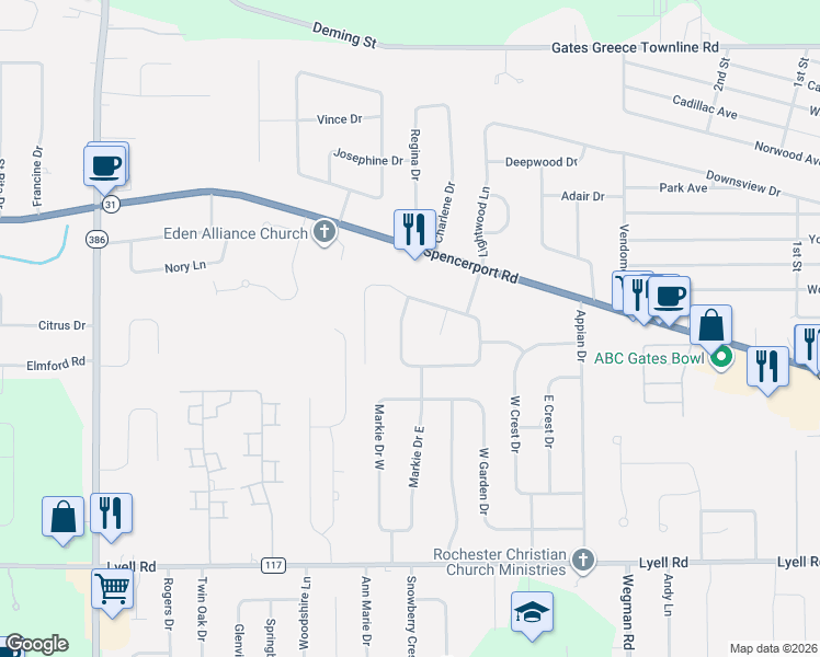 map of restaurants, bars, coffee shops, grocery stores, and more near 1 South Hill Circle in Rochester