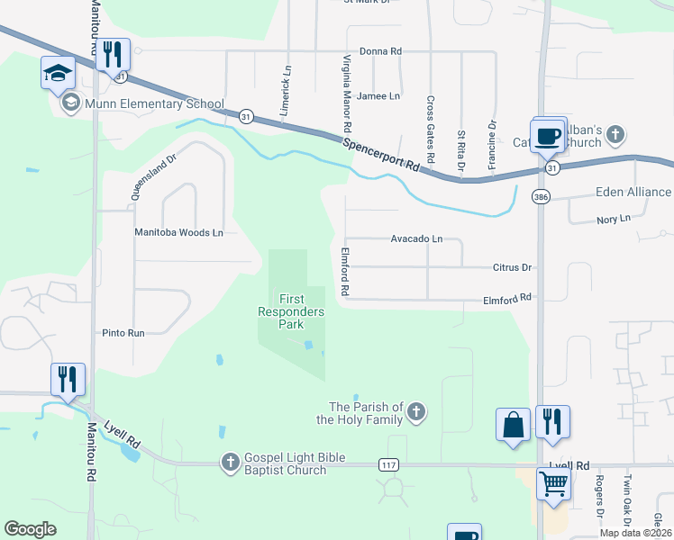 map of restaurants, bars, coffee shops, grocery stores, and more near 71 Elmford Road in Rochester