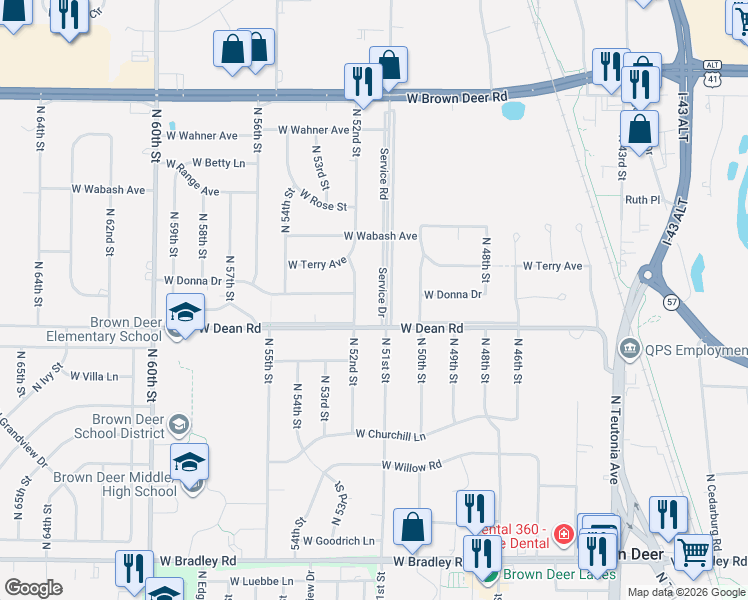 map of restaurants, bars, coffee shops, grocery stores, and more near 8445 Service Road in Brown Deer