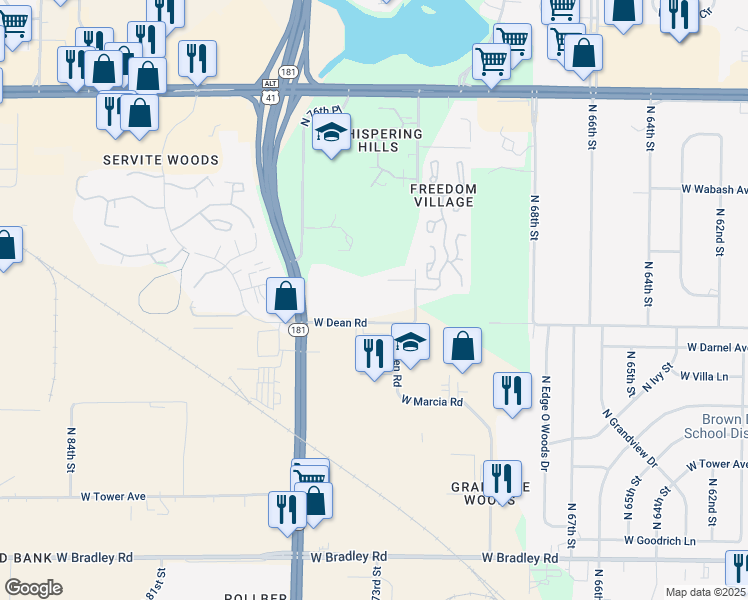 map of restaurants, bars, coffee shops, grocery stores, and more near 7500 West Dean Road in Milwaukee