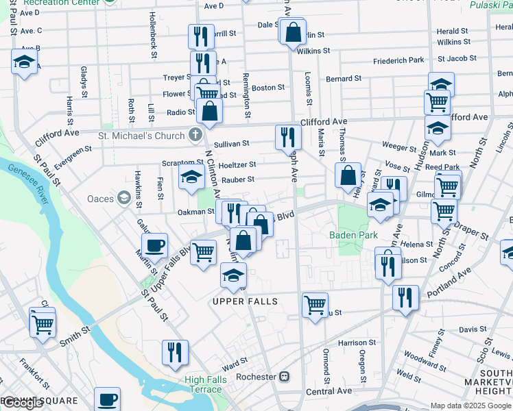 map of restaurants, bars, coffee shops, grocery stores, and more near 122 William Warfield Drive in Rochester