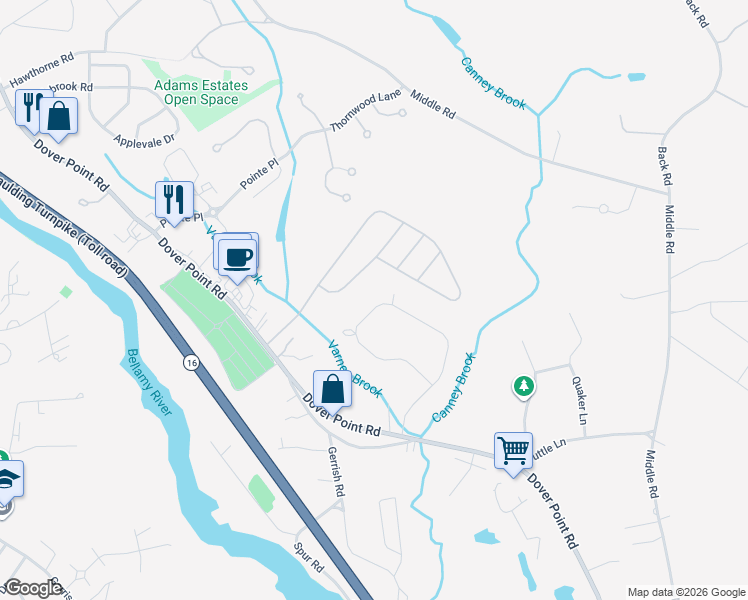 map of restaurants, bars, coffee shops, grocery stores, and more near 41 Toftree Lane in Dover