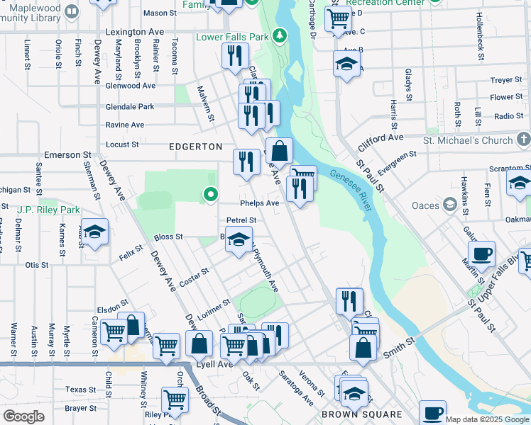 map of restaurants, bars, coffee shops, grocery stores, and more near 17 Phelps Avenue in Rochester