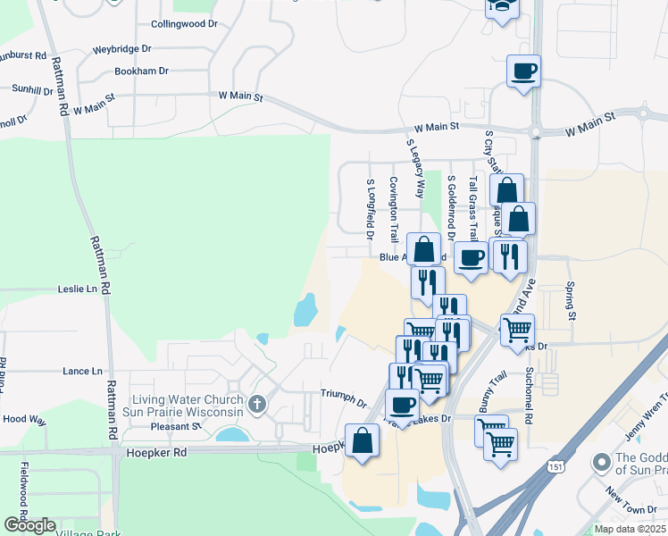 map of restaurants, bars, coffee shops, grocery stores, and more near 2911 Blue Aster Boulevard in Sun Prairie