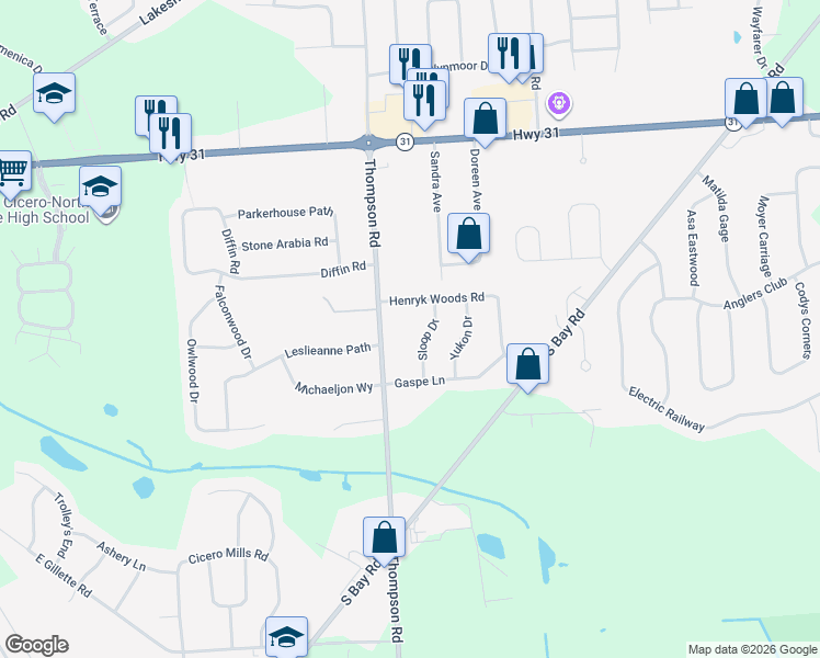 map of restaurants, bars, coffee shops, grocery stores, and more near 8115 Sloop Drive in Cicero