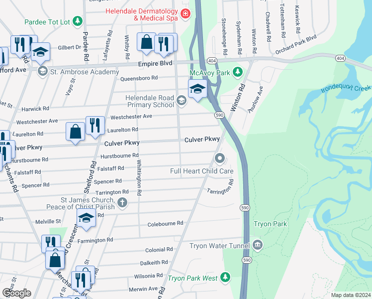 map of restaurants, bars, coffee shops, grocery stores, and more near 556 Hurstbourne Road in Rochester