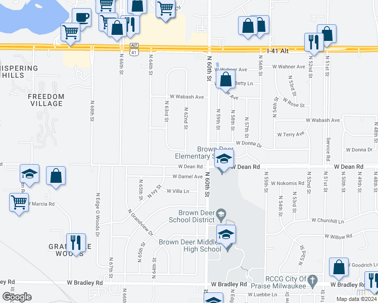 map of restaurants, bars, coffee shops, grocery stores, and more near 8442 North 62nd Street in Brown Deer