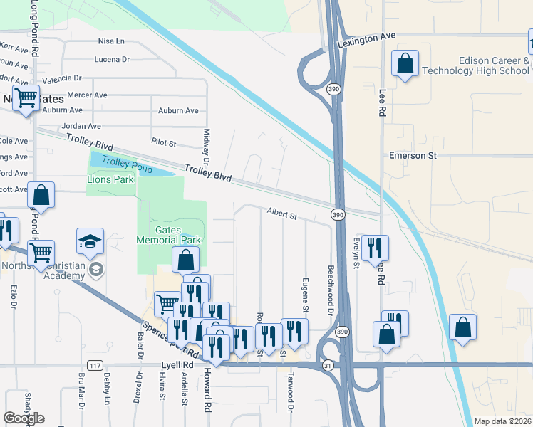 map of restaurants, bars, coffee shops, grocery stores, and more near 166 Albert Street in Rochester