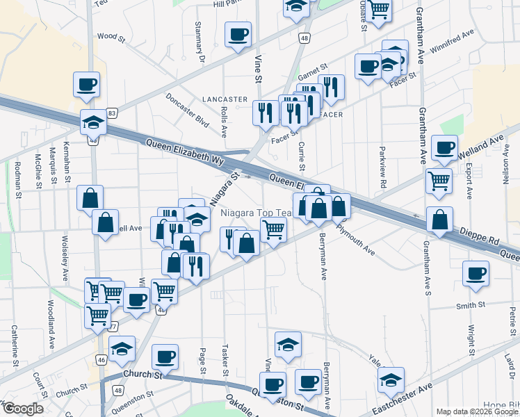 map of restaurants, bars, coffee shops, grocery stores, and more near 175 Vine Street South in St. Catharines