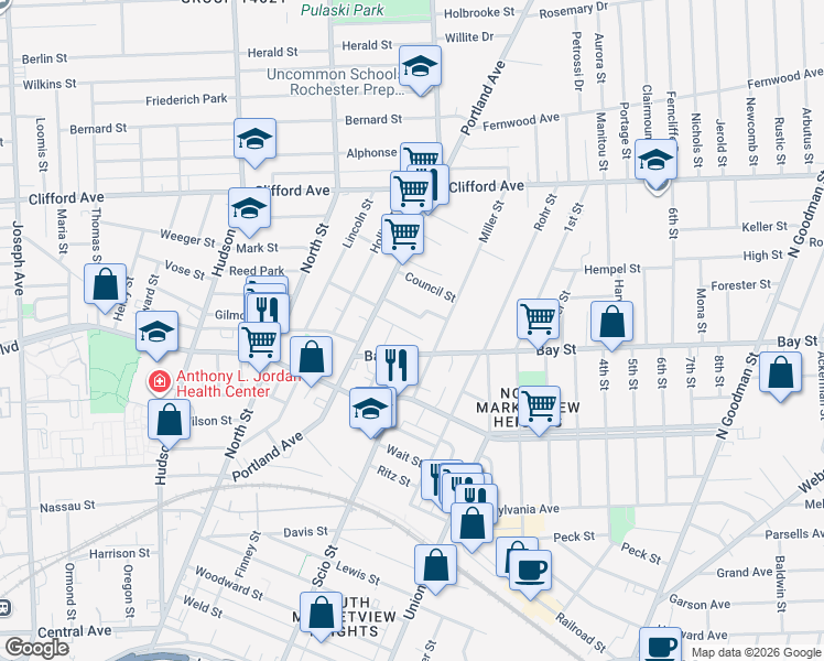 map of restaurants, bars, coffee shops, grocery stores, and more near 70 Caspar Street in Rochester