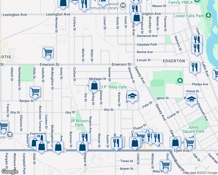 map of restaurants, bars, coffee shops, grocery stores, and more near 111 Santee Street in Rochester
