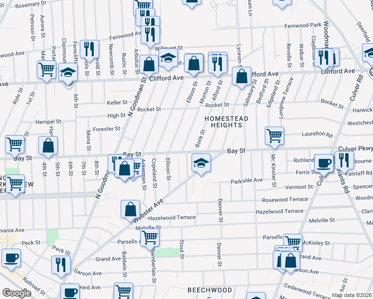 map of restaurants, bars, coffee shops, grocery stores, and more near 770 Bay Street in Rochester
