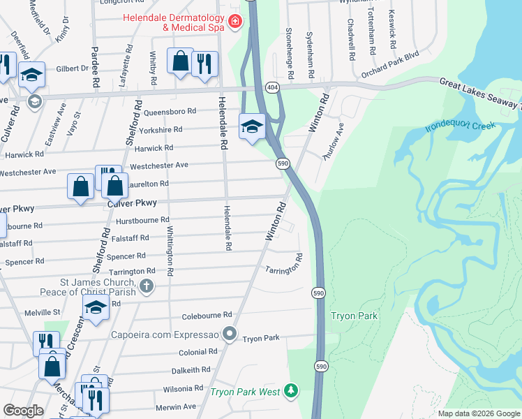 map of restaurants, bars, coffee shops, grocery stores, and more near 610 Hurstbourne Road in Irondequoit