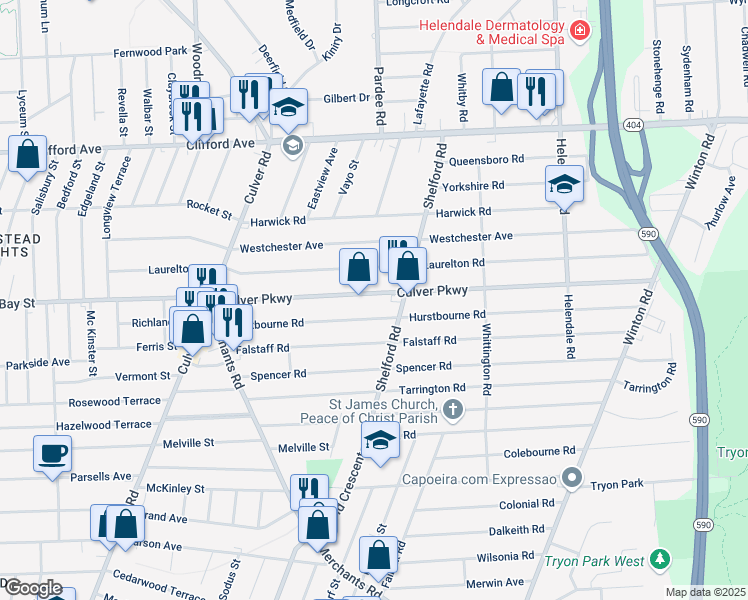 map of restaurants, bars, coffee shops, grocery stores, and more near 247 Culver Parkway in Rochester