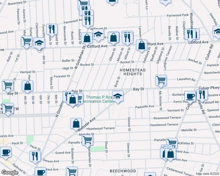 map of restaurants, bars, coffee shops, grocery stores, and more near 770 Bay Street in Rochester