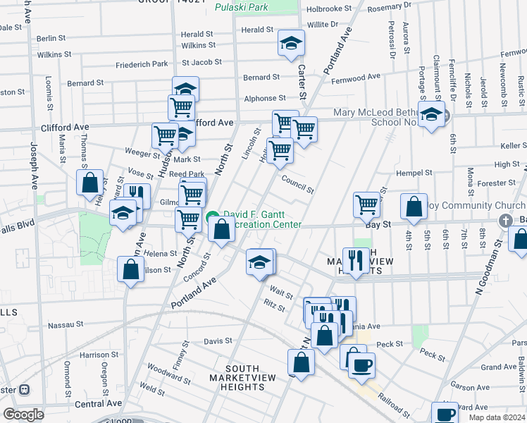 map of restaurants, bars, coffee shops, grocery stores, and more near 314 Portland Avenue in Rochester