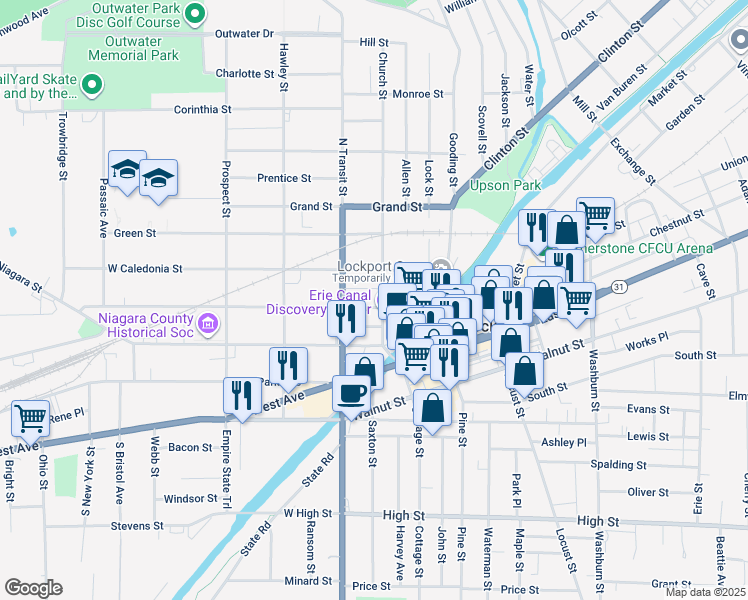 map of restaurants, bars, coffee shops, grocery stores, and more near 67 Ontario Street in Lockport