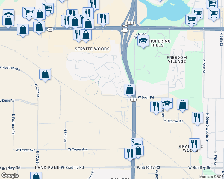 map of restaurants, bars, coffee shops, grocery stores, and more near 8411 North Servite Drive in Milwaukee