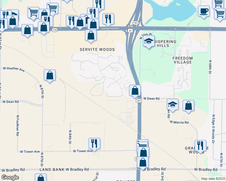 map of restaurants, bars, coffee shops, grocery stores, and more near 8411 North Servite Drive in Milwaukee