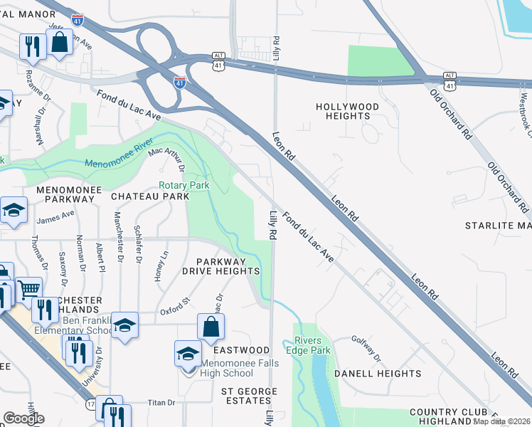 map of restaurants, bars, coffee shops, grocery stores, and more near W140N8461 Lilly Road in Menomonee Falls