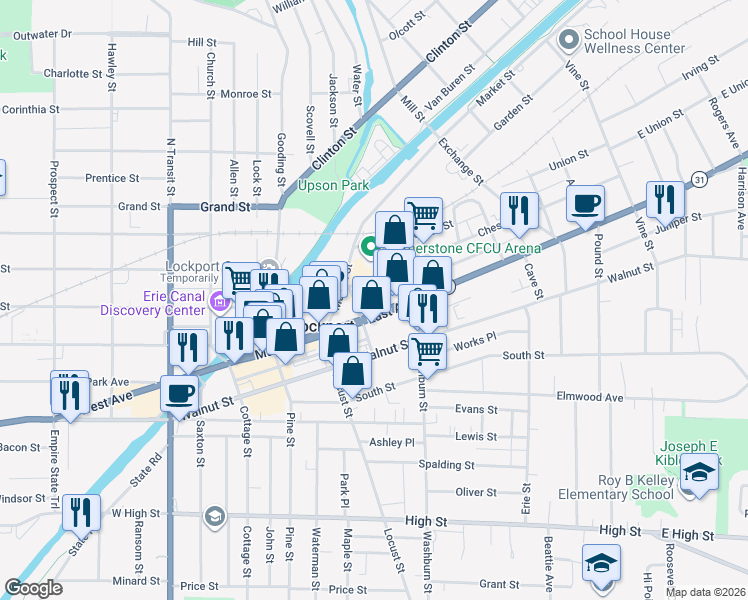 map of restaurants, bars, coffee shops, grocery stores, and more near 37 Chestnut Street in Lockport