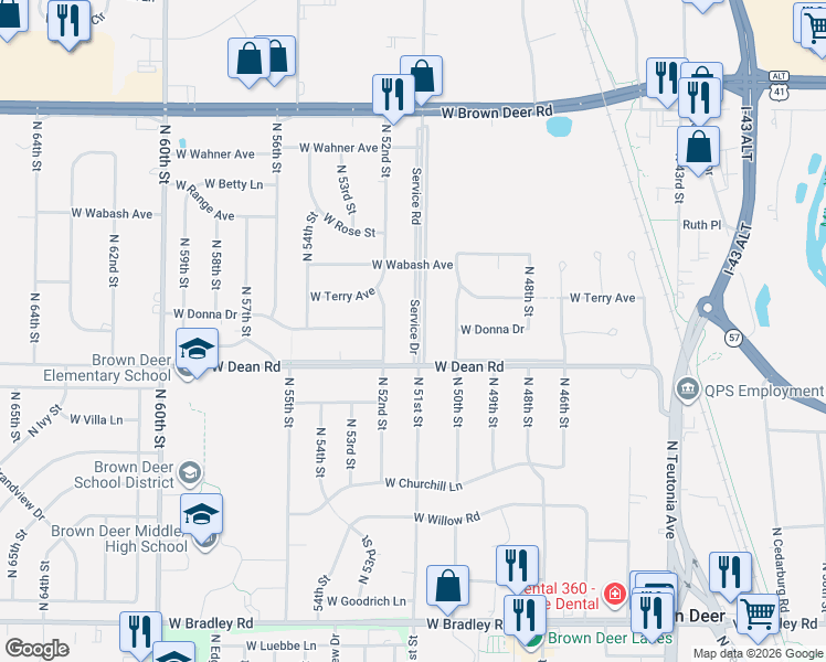 map of restaurants, bars, coffee shops, grocery stores, and more near 8445 Service Road in Brown Deer