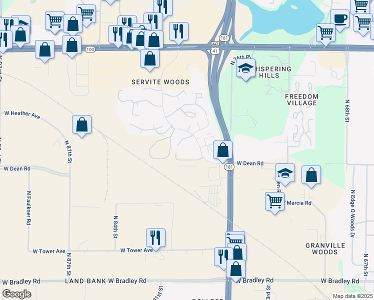 map of restaurants, bars, coffee shops, grocery stores, and more near 8411 North Servite Drive in Milwaukee