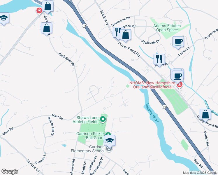 map of restaurants, bars, coffee shops, grocery stores, and more near 132 Katie Lane in Dover