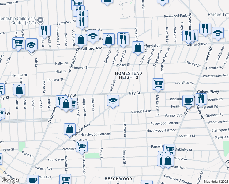 map of restaurants, bars, coffee shops, grocery stores, and more near 832 Bay Street in Rochester