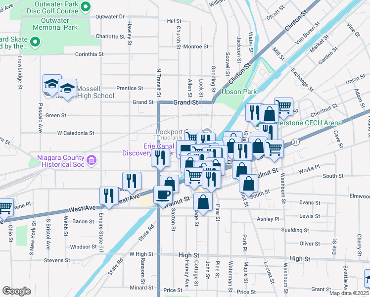 map of restaurants, bars, coffee shops, grocery stores, and more near 45 Ontario Street in Lockport
