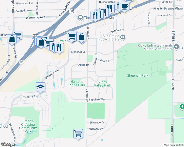 map of restaurants, bars, coffee shops, grocery stores, and more near 1609 Echo Drive in Sun Prairie