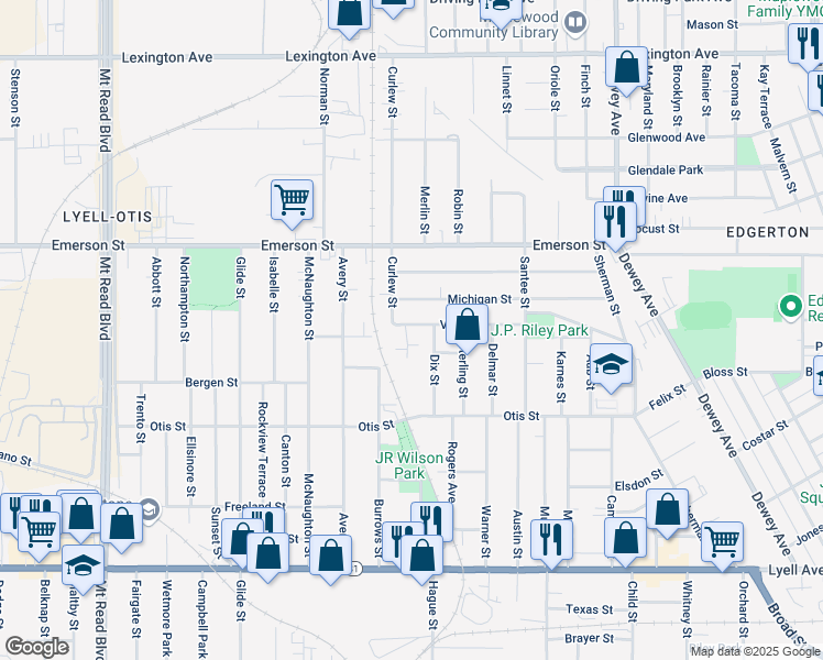 map of restaurants, bars, coffee shops, grocery stores, and more near 155 Villa Street in Rochester
