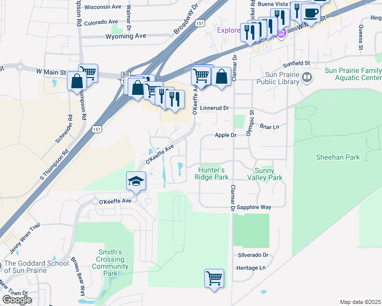 map of restaurants, bars, coffee shops, grocery stores, and more near 805 Hunters Trail in Sun Prairie