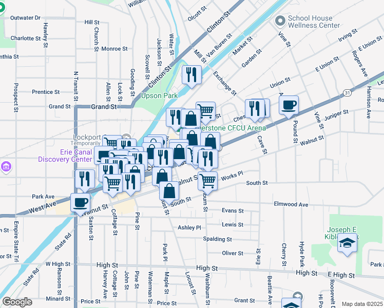 map of restaurants, bars, coffee shops, grocery stores, and more near 3 Charles Street in Lockport