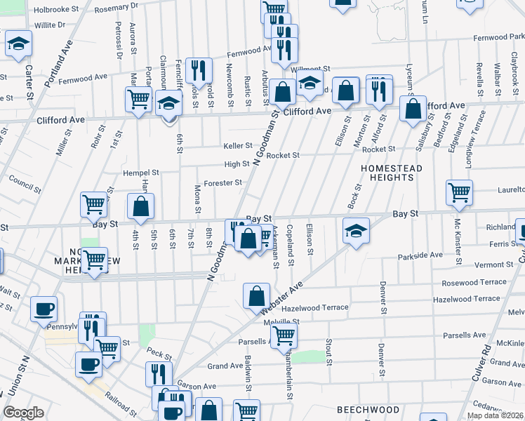 map of restaurants, bars, coffee shops, grocery stores, and more near 606 Bay Street in Rochester