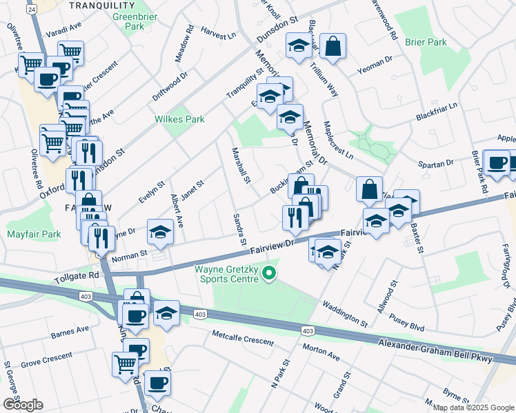 map of restaurants, bars, coffee shops, grocery stores, and more near 24 Harvard Avenue in Brantford