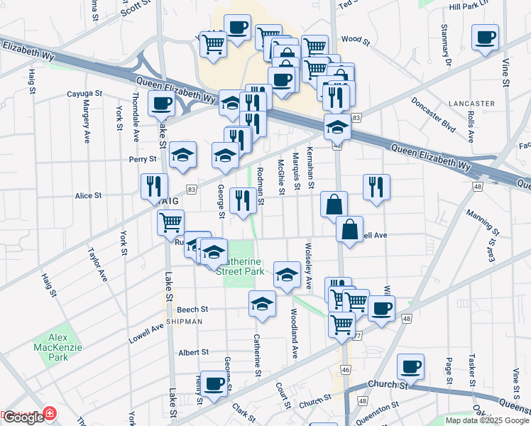 map of restaurants, bars, coffee shops, grocery stores, and more near 32 Rodman Street in St. Catharines