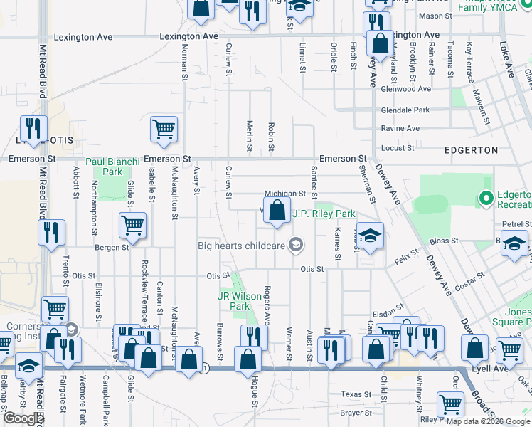 map of restaurants, bars, coffee shops, grocery stores, and more near 99 Villa Street in Rochester
